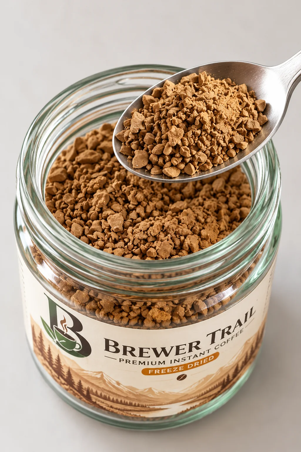 Brewer Trail freeze-dried coffee granules ready to brew