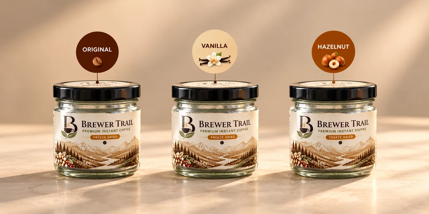 Original, vanilla and hazelnut Brewer Trail coffee jars