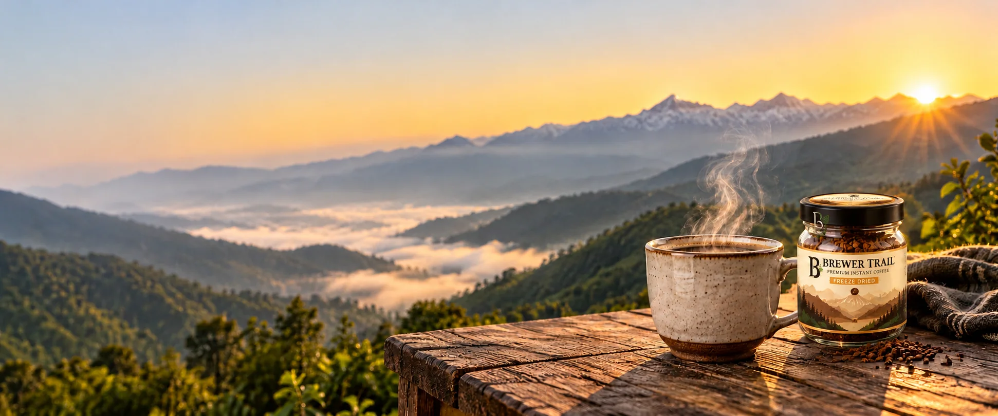 Brewer Trail premium instant coffee overlooking a mountain valley at sunrise