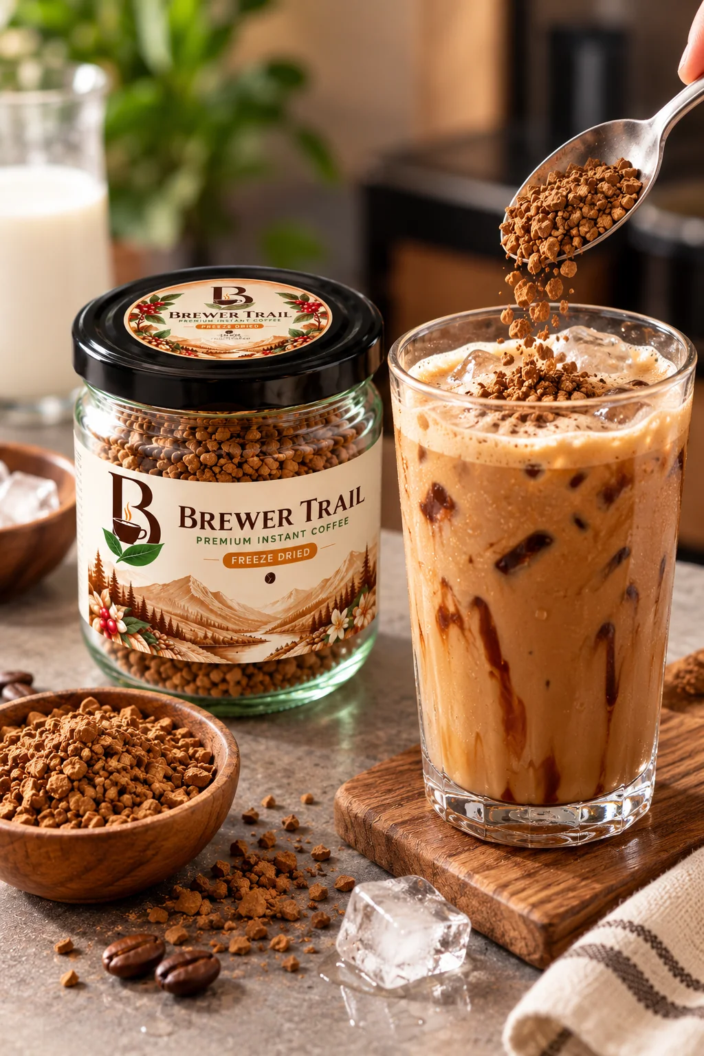 Brewer Trail freeze-dried coffee poured into an iced coffee
